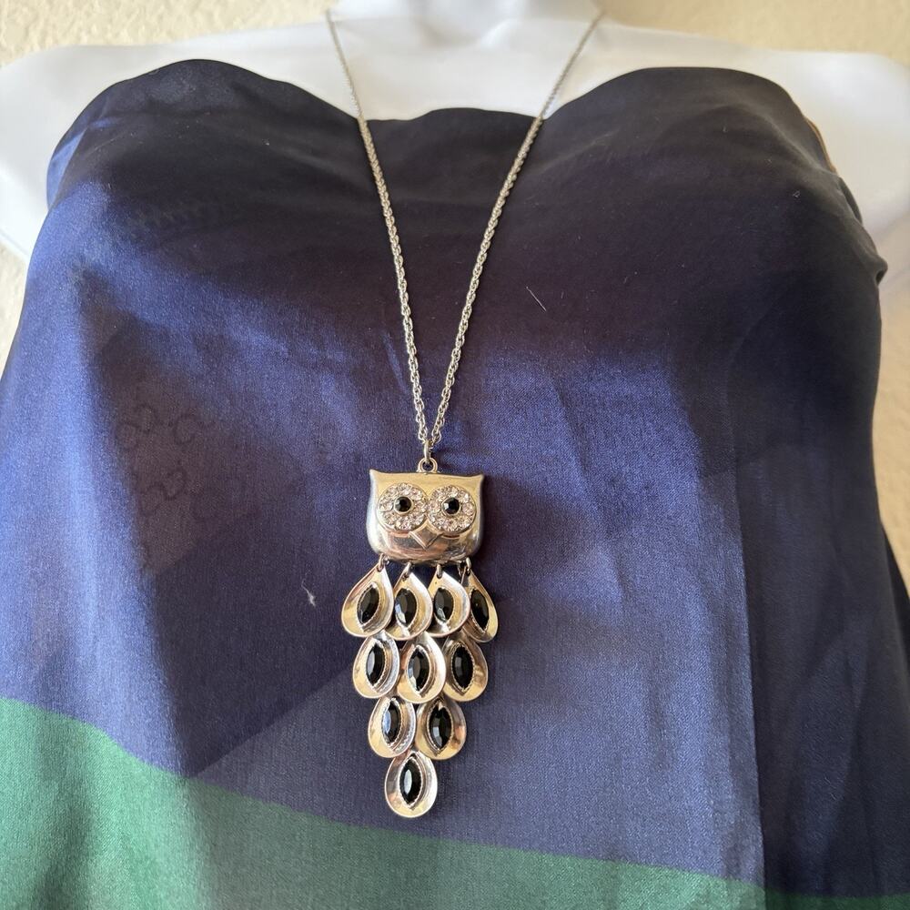 Silver Tone Owl Pendant Long Statement Necklace Rhinestone Black Teardrop